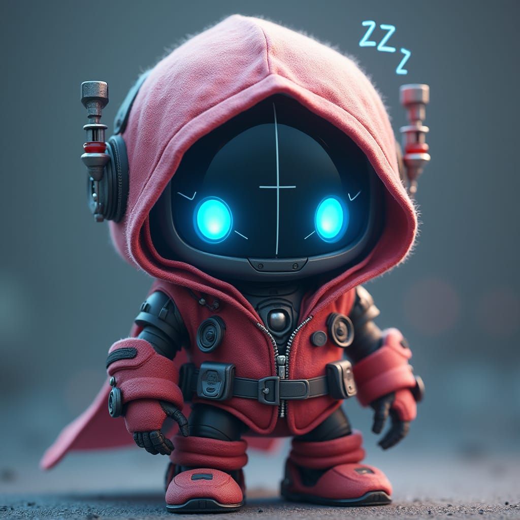 robot game twitch emote tent with crosshairs with glowing eyes and a little zzz to suggest they are sleeping