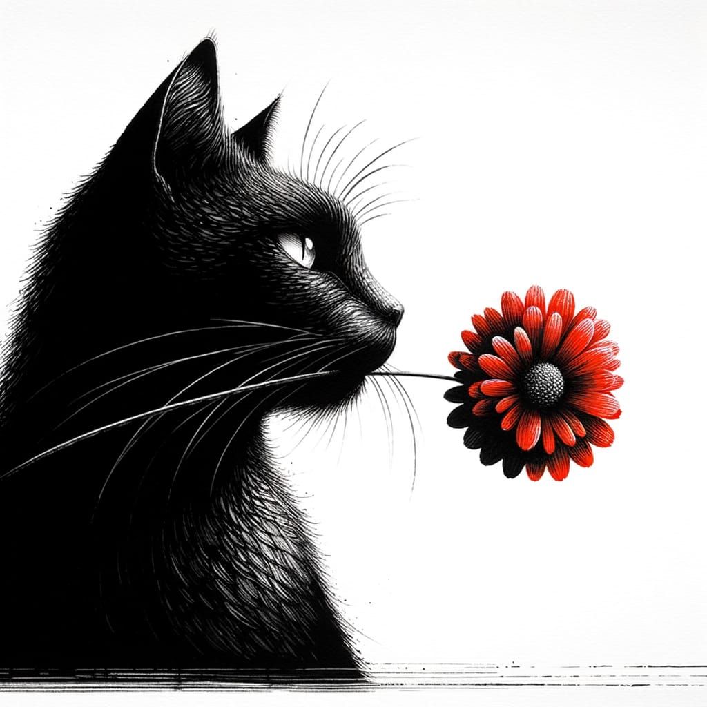 Elegant Black Cat Holds Red Flower in Duo-Tone Illustration