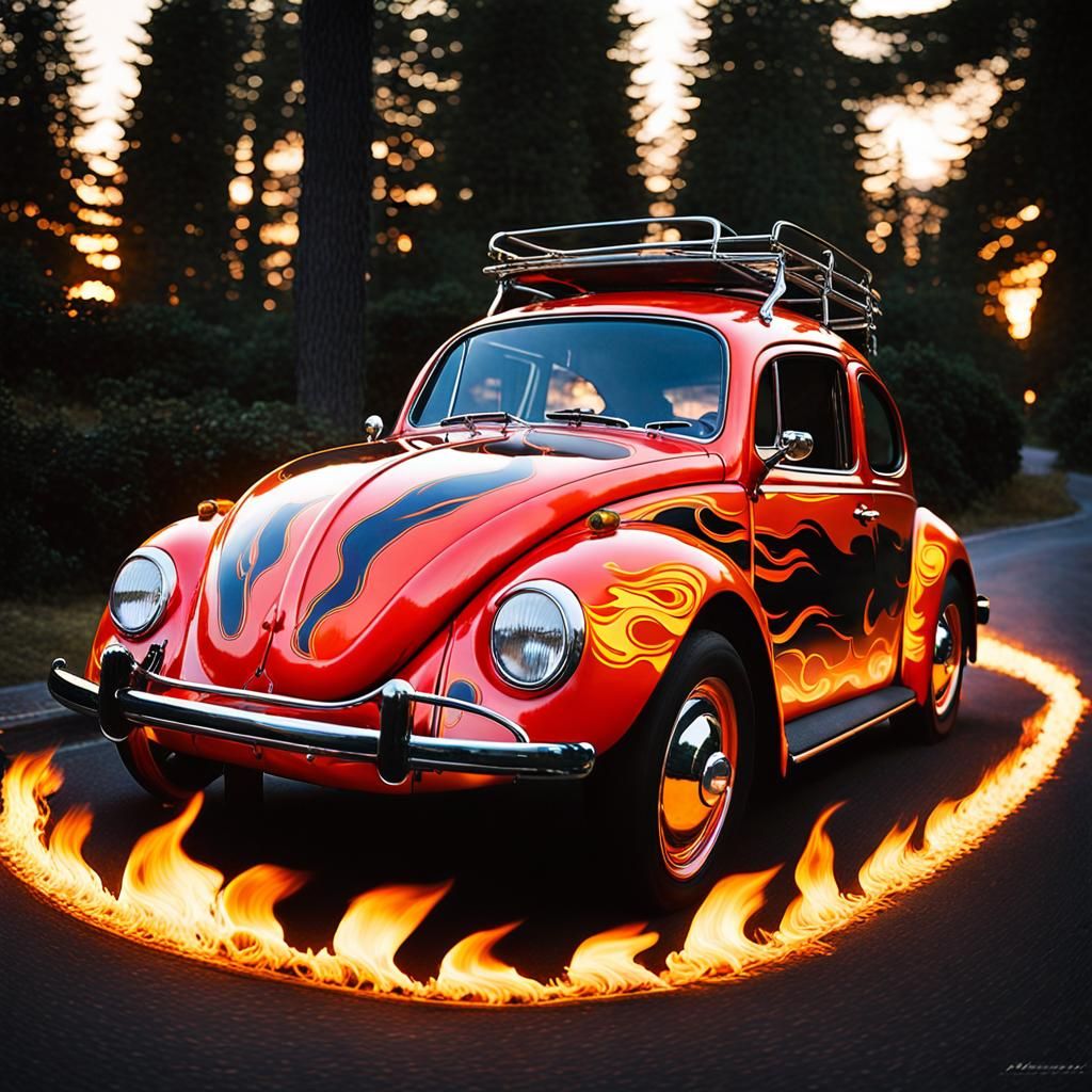 (1970’s Volkswagen Beetle with flames painted on the side. )...