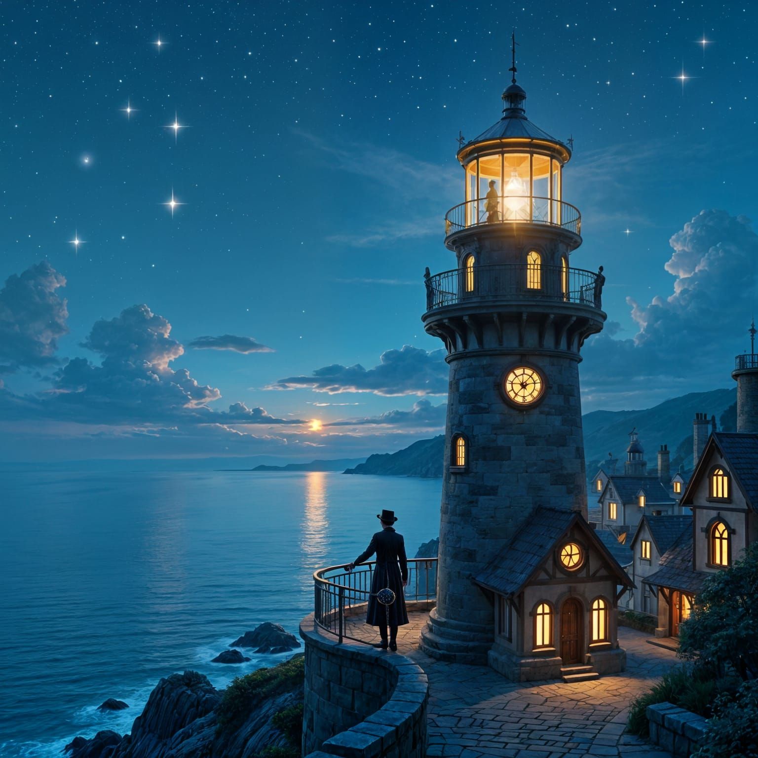 A solitary lighthouse keeper stands on the lantern room balcony, gazing out at a calm, star-dusted sea. The lighthouse itself is a towering ...