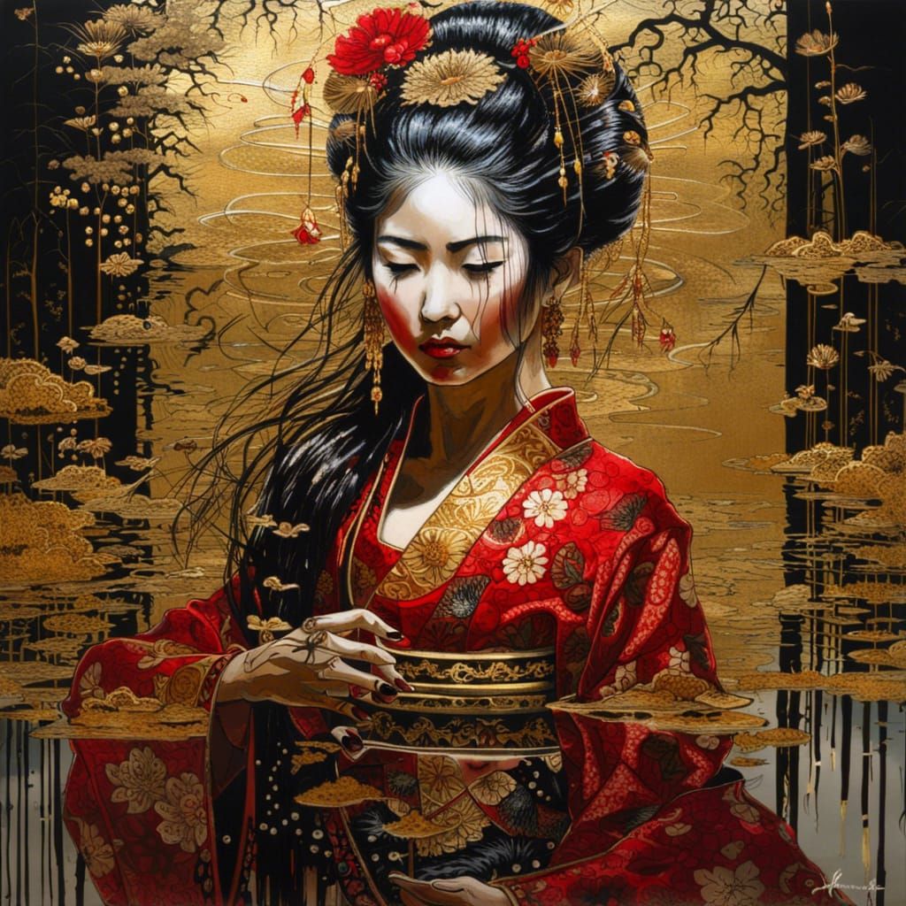 Ornate Geisha Touching Mirrored Reflection in Dark Fantasy S...