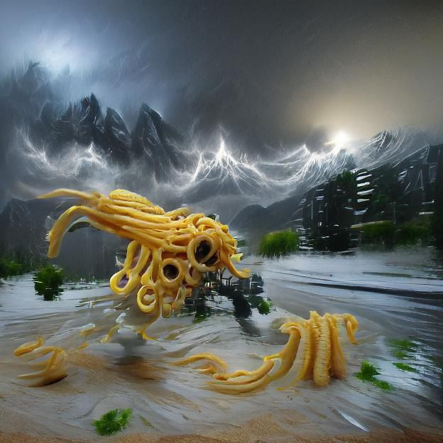 Epic Pasta Cyborg tentacles monster in a storm, hyperrealism...