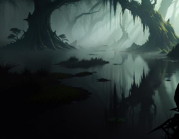 A bullywug in a swamp, fenn, bogg, mangrove, 3D Game Cinemat...
