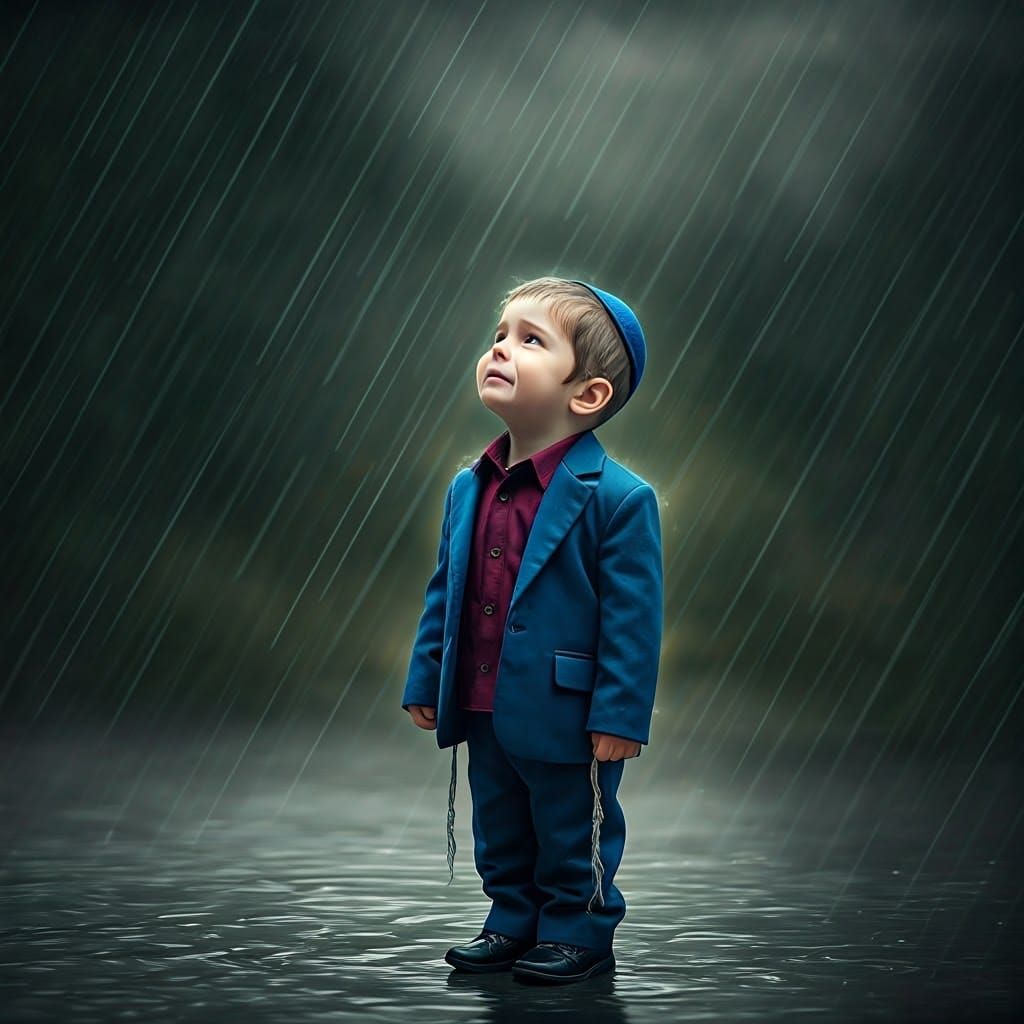 Young Boy in Traditional Jewish Attire Stares Upwards in Rai...