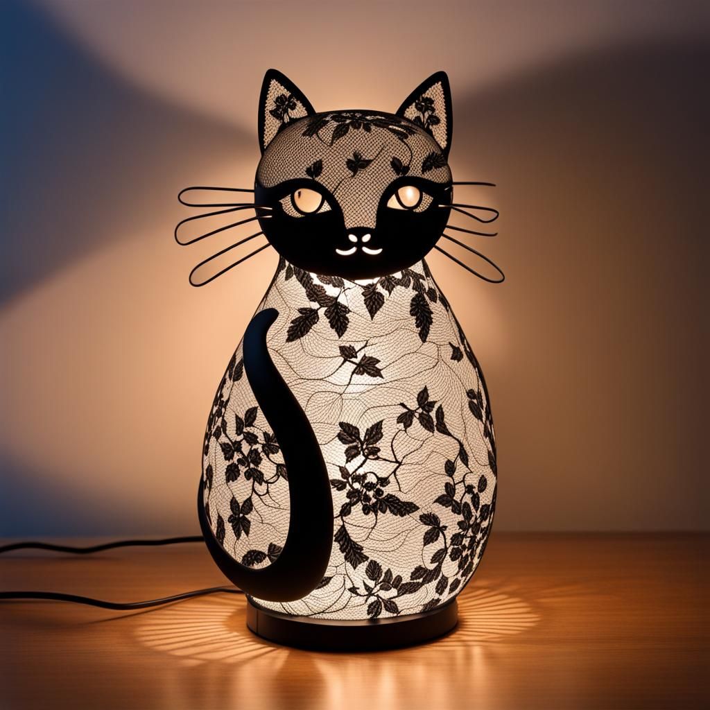 Delicate lace wrapped cat lamp  by @NyghtRaven