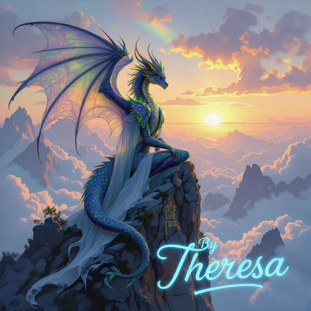 A majestic adult female dragon with scales that shift between amethyst and emerald, perched atop a cloud-piercing mountain peak at sunrise. ...