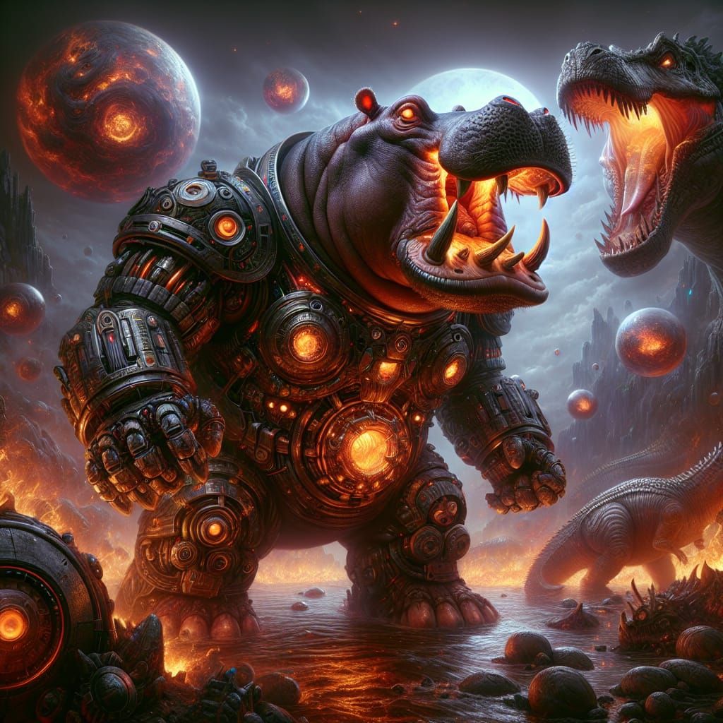 a hippopotamus with huge fangs, dressed in robotic armor, framed by fireballs. against the background of a defeated tyrannosaurus in armor....