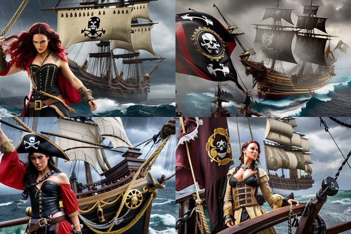 Gorgeous Pirate girl commanding a pirate ship a violent storm. jolly-roger  flag. Black Sails. Epic cinematic brilliant stunning intricate vi... - AI  Generated Artwork - NightCafe Creator