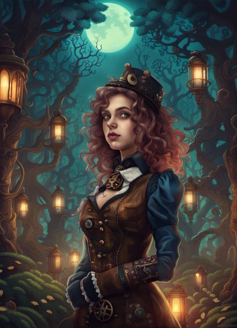 A young woman is in the steampunk forest - AI Generated Artwork ...