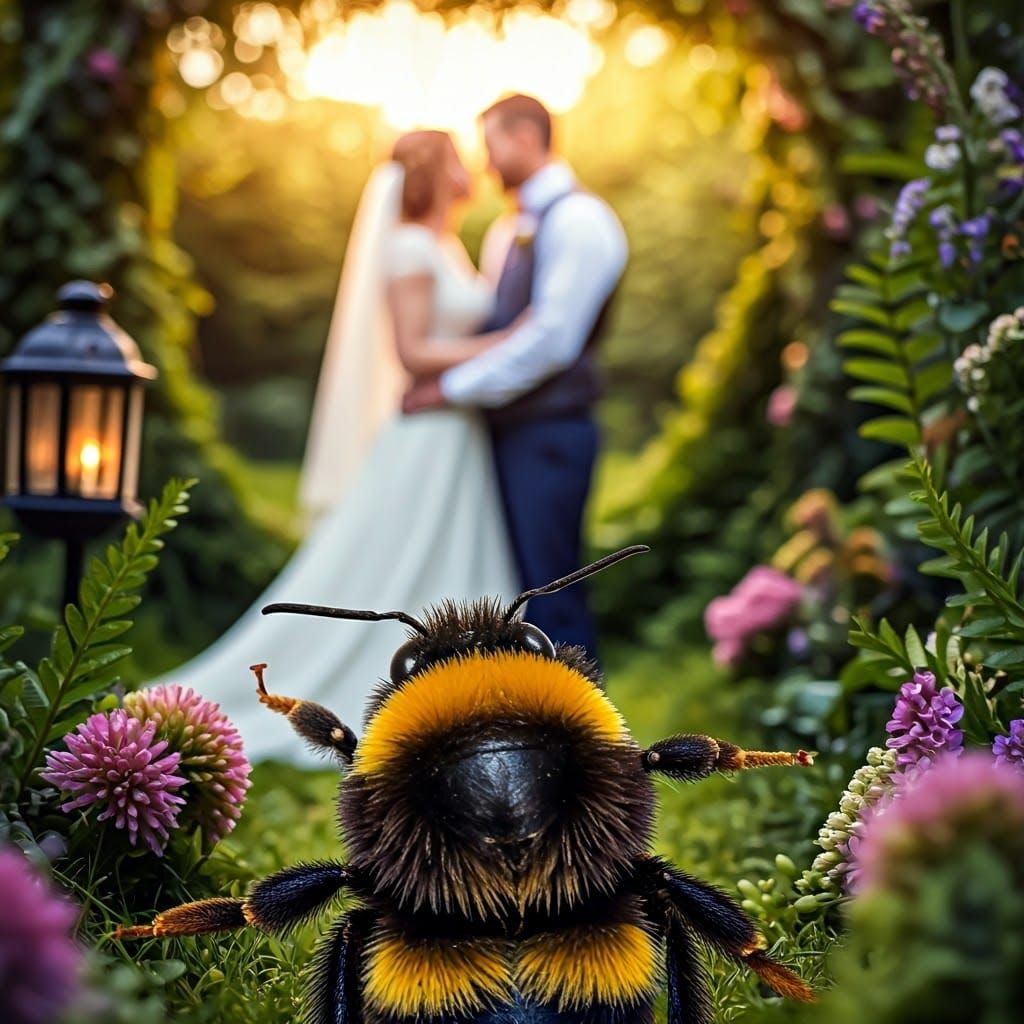 A bumblebee photobomb a wedding, a centered near the bottom of image a close up of a face of an black yellow striped bumblebee in the center...