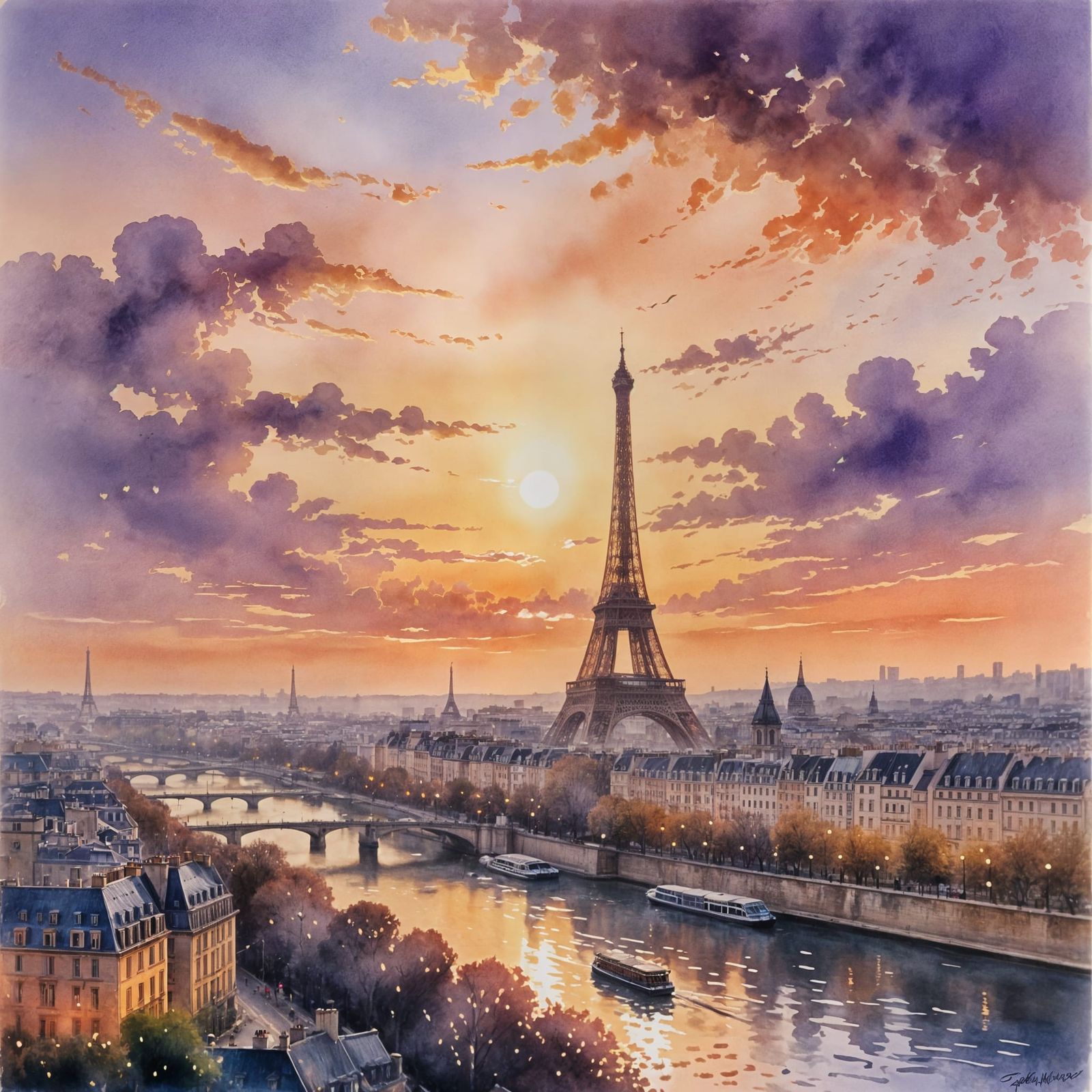 A dreamy sunset over Paris in painterly watercolor style, the Eiffel Tower rising like a silhouette of ...  by @Uncle Bubba