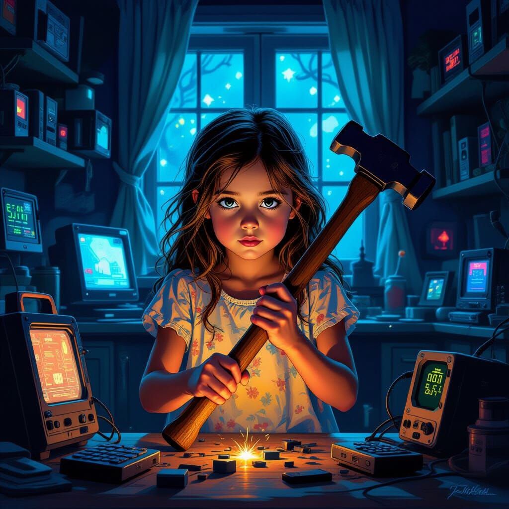 Girl With Hammer Amidst Electronic Devices