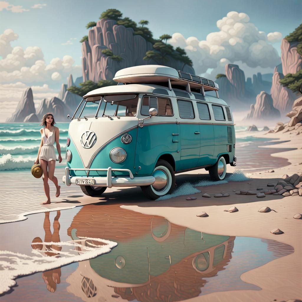 A couple on beach with combi volkswagen, pastel colors detai...
