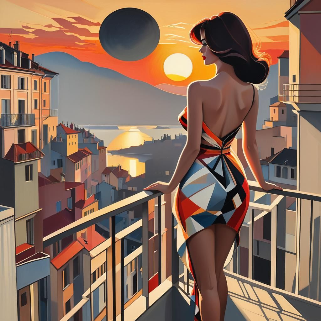 woman on balcony with her back to the camera looking at the ...