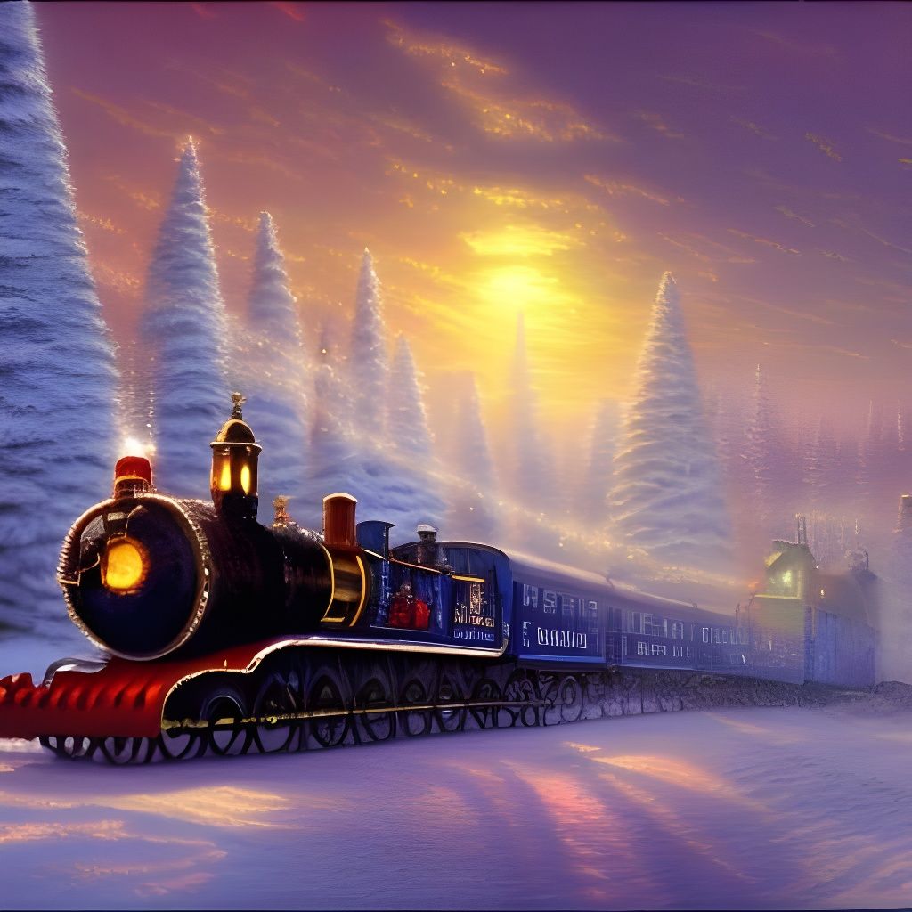 The Polar Express heads to the North Pole ethereal fantasy hyperdetailed mist Thomas Kinkade  by @HeWhoCannotBeNamed 