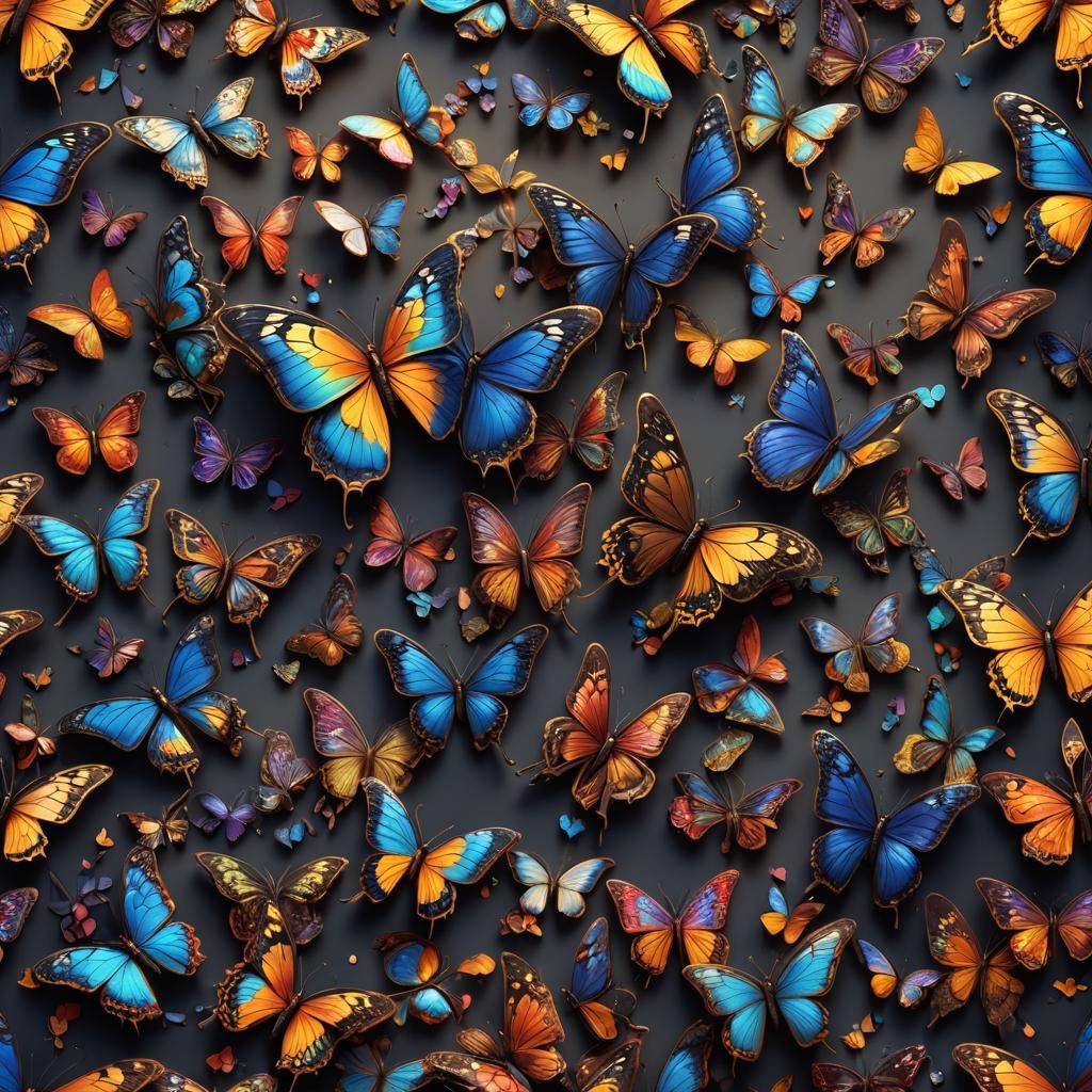 A polychromatic butterfly made of light detailed matte paint...
