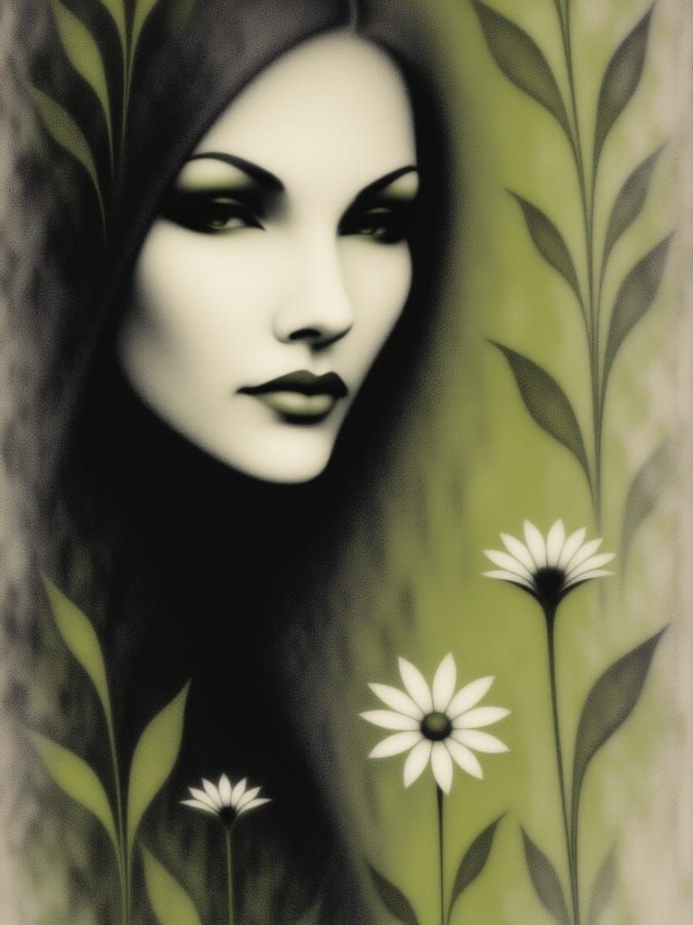 <lora:Blurred:1.0> <lora:Messy Chalk:1.0> blurred, female full body length, gothic style with art deco influences, white daisies  and dark g...