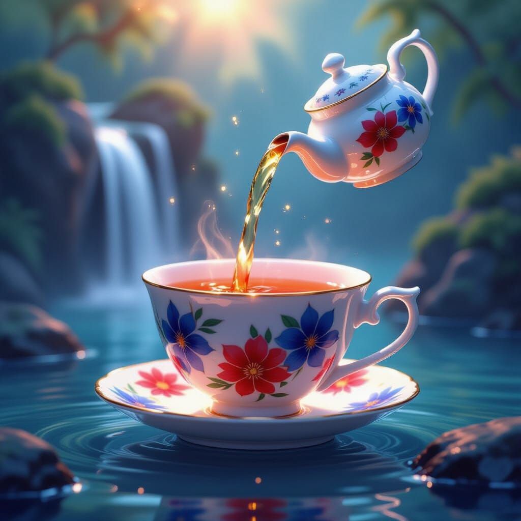 White, Red, Blue Porcelain Tea Set Pouring Colorful Waterfal...