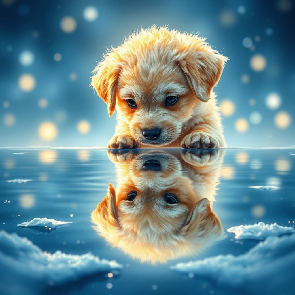 a young puppy gazing into a reflective water surface. The scene is illuminated with a soft, ethereal ...  by @jnatas