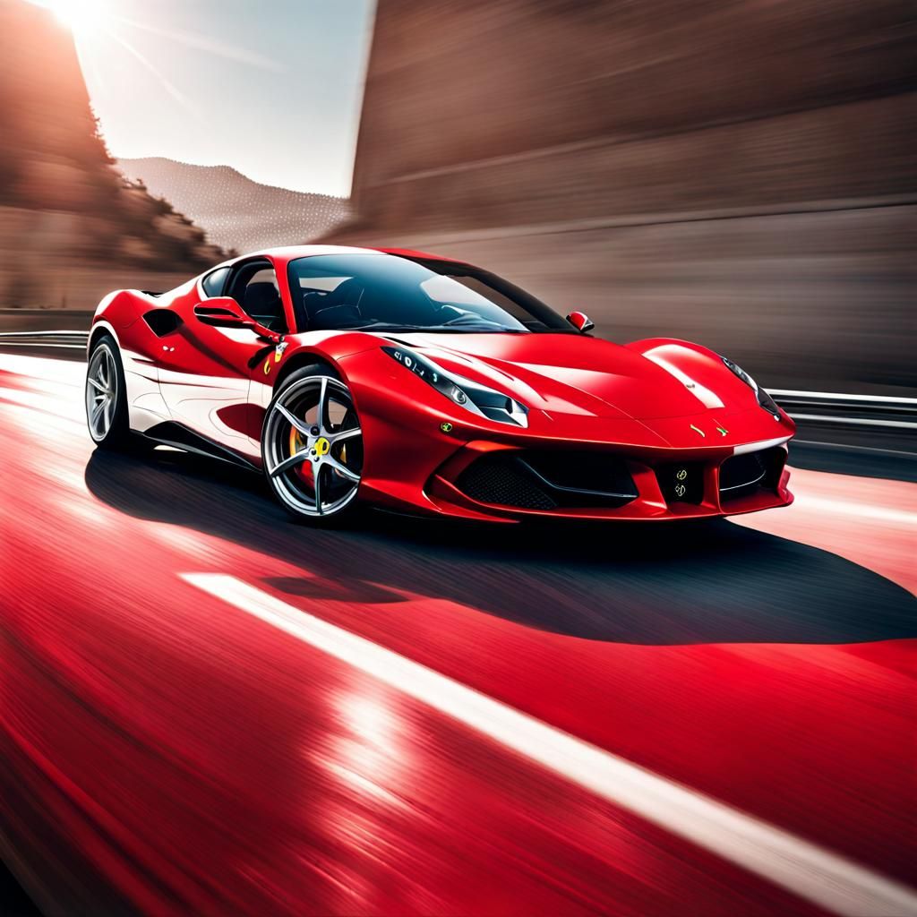 2023 Ferrari sparkly candy apple red racing down a freeway