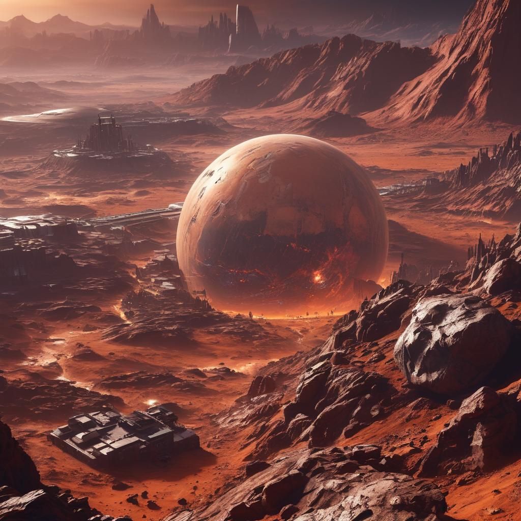 A futuristic backlit city on planet Mars with Earth in the b...