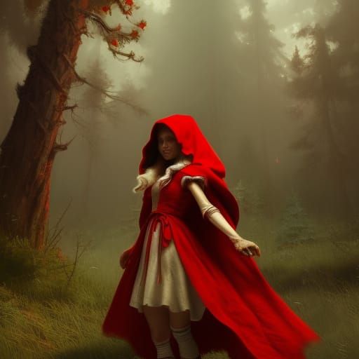 Little Red riding hood with a wolf, amazingly  hyperdetailed...