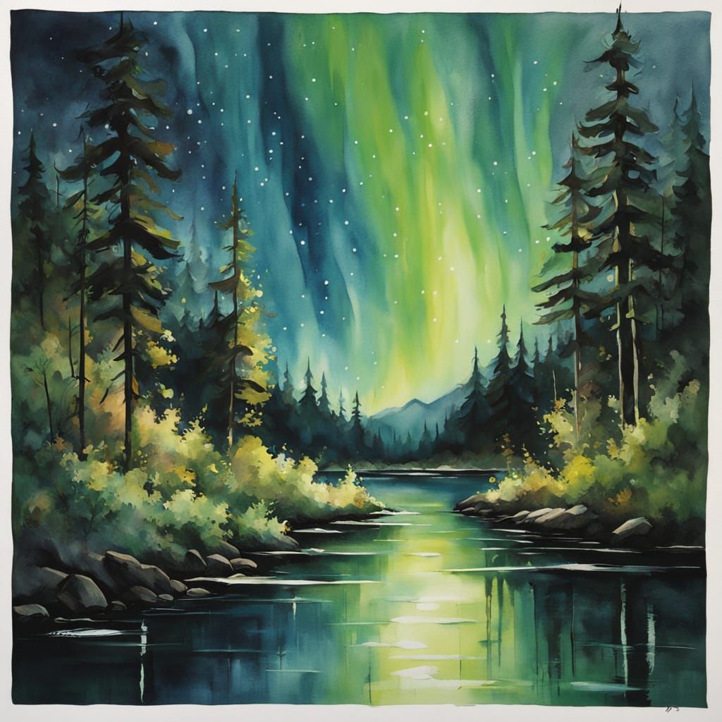 A beautiful detailed painting featuring a river in a spring forest under Northern Lights. Watercolour + oil paint style.