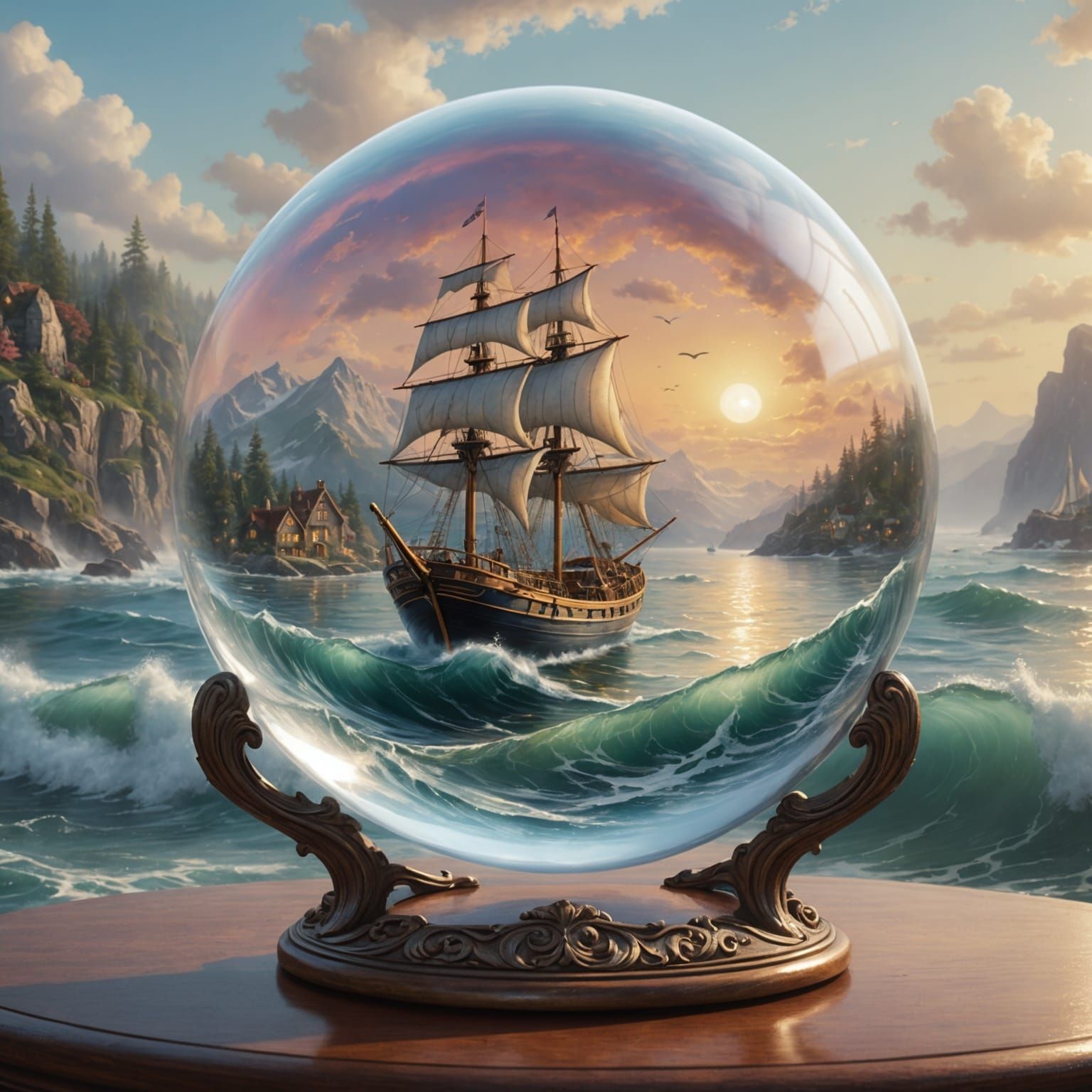 crystal ball, vintage sailboat inside the ball, waves  by @Valentina