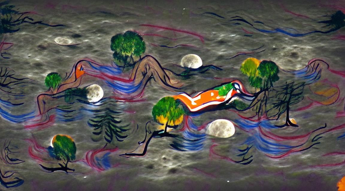 a scetch of a virging bathing in the lake surounded by colou...