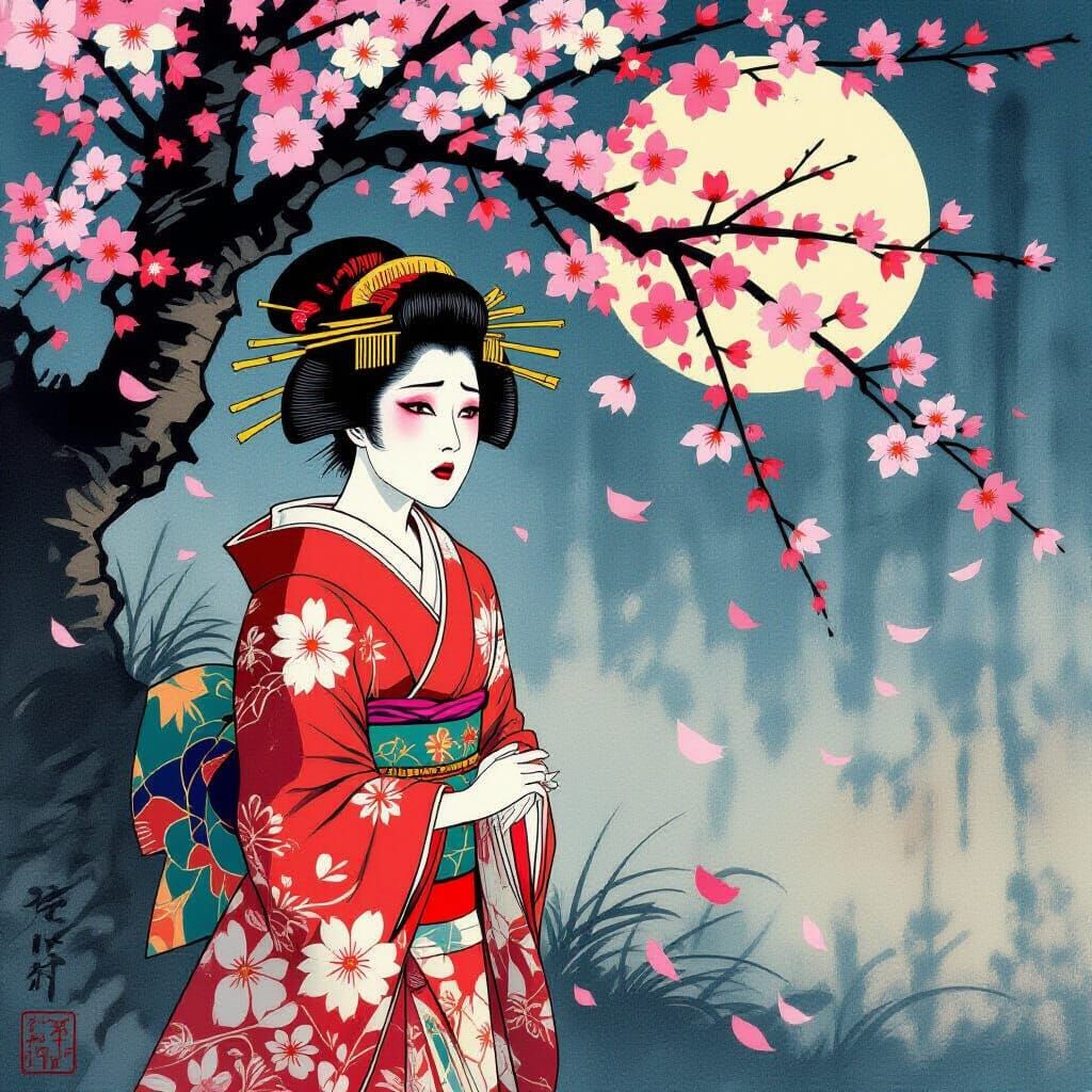 Kabuki Actress Terrified Under Cherry Blossoms in Ukiyo-e St...