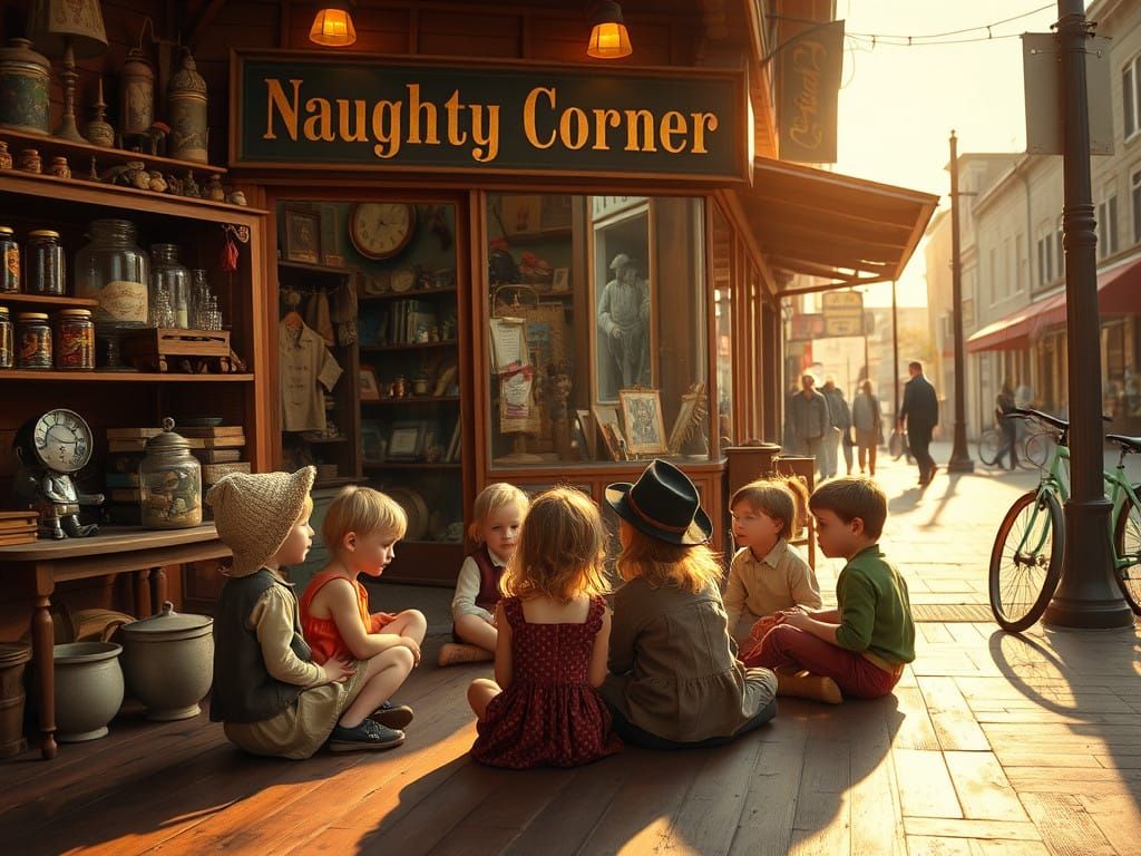 Children sitting around outside Jacob Naughty's Corner Store  by @Zepp