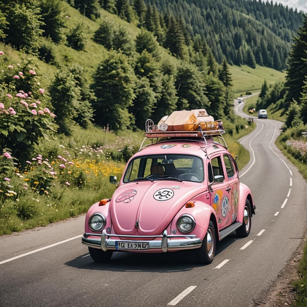 Pink VW Beetle camper van of hippies, painted with peace signs, on a ...