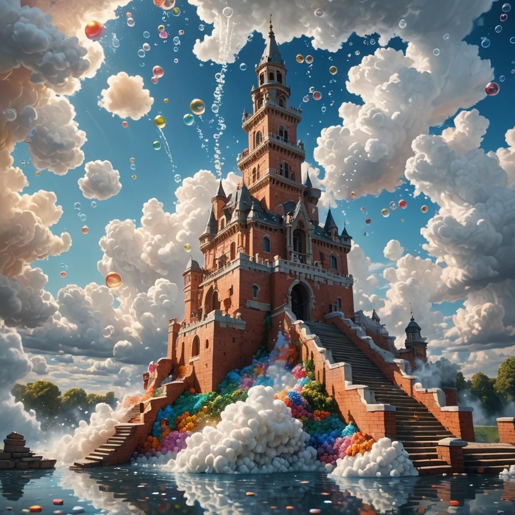 Bricks fall from the sky to build a tall tower, surrounded b...