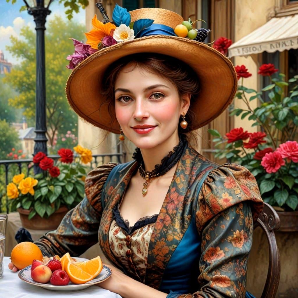 Vibrant Parisian Belle in Garden Cafe