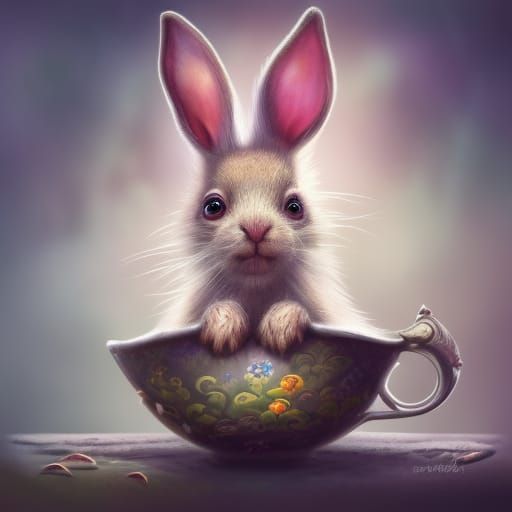 cute baby spring hare with huge pointy ears and big feet sitting in a teacup, high detail, high resolution ...  by @Feral