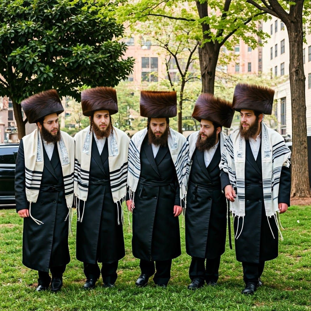 Hasidic Men Strolling in Urban Park