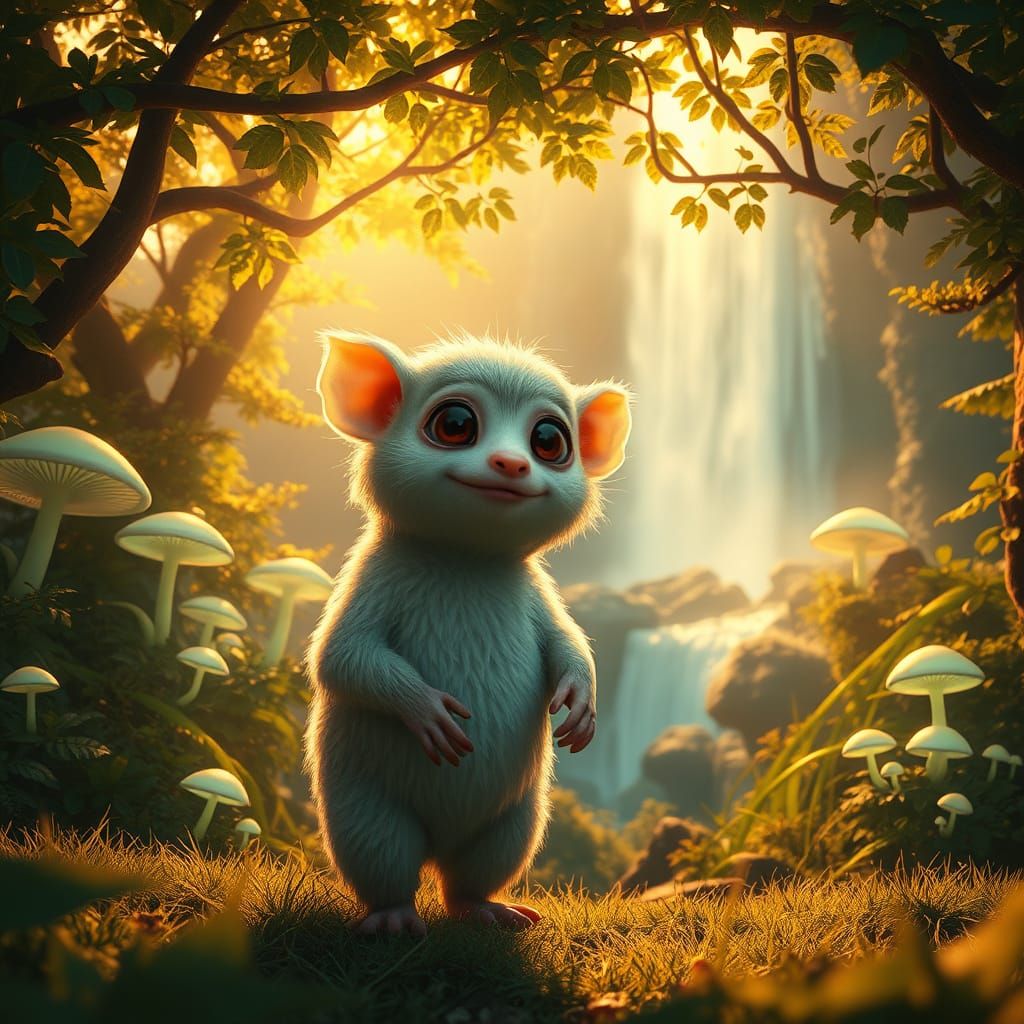 A quirky cute, very funny little monster, with a smile and ruffled white fur, in shape resembling a loris animal, with hands. Against the ba...