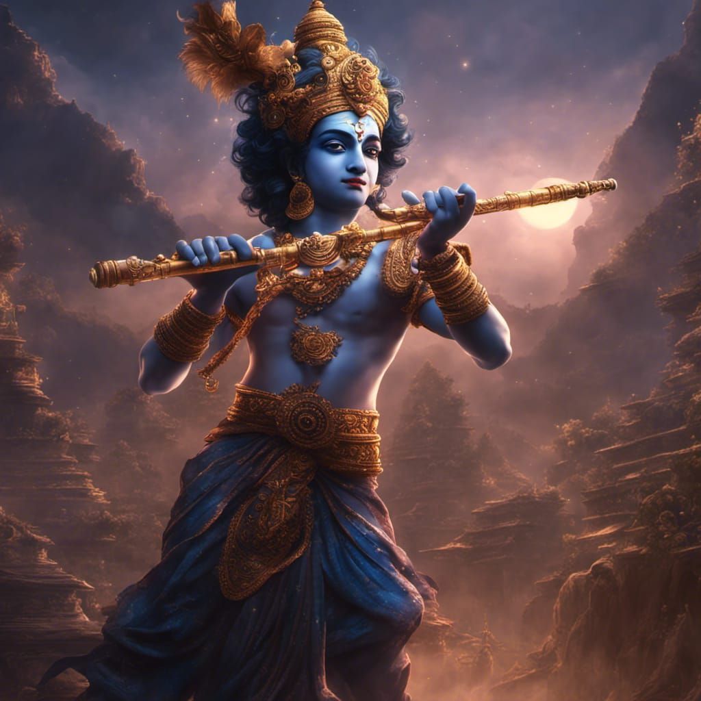 Lord Krishna tuning music with the flute while looking forward and