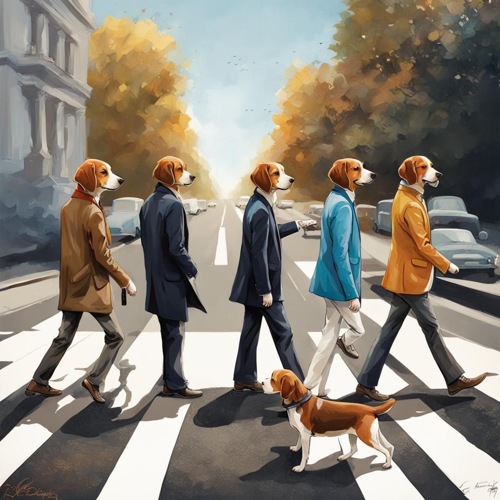 side Portrait of (four:3.0) beagles crossing Abbey Road (lik...