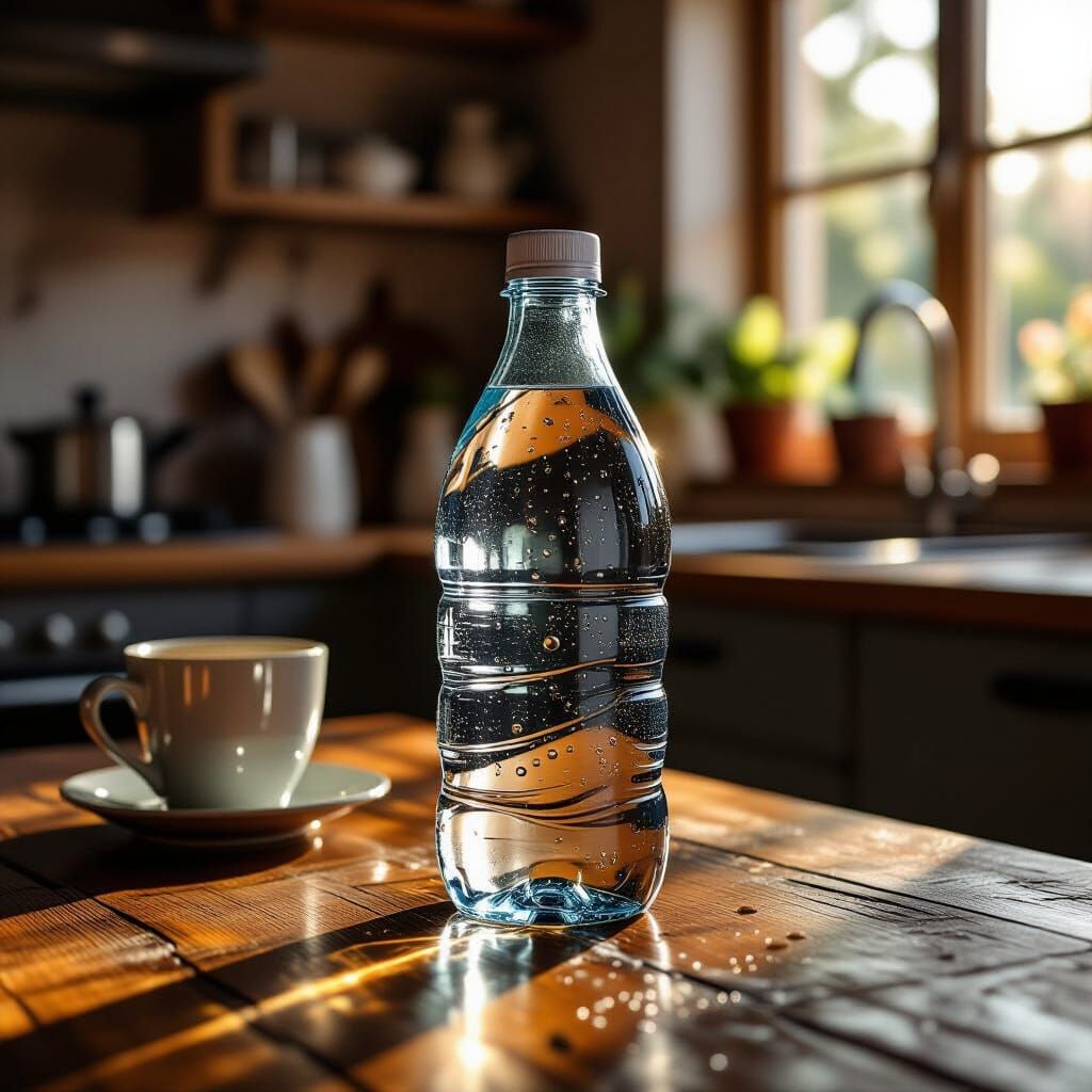 Hyperrealistic Water Bottle on Rustic Table