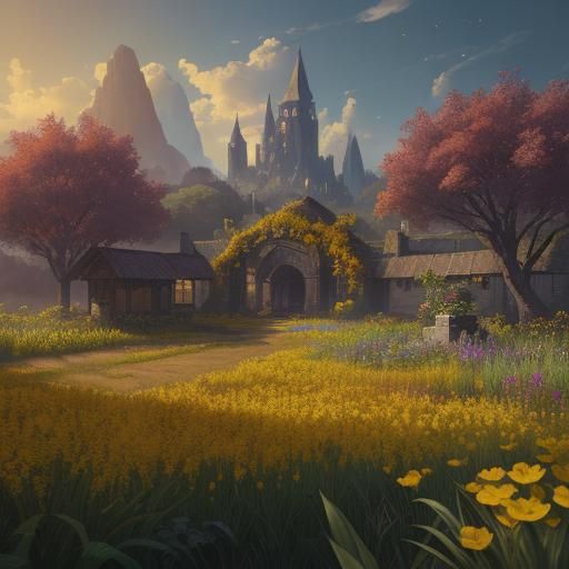 rural garden with yellow flowers in golden hour
