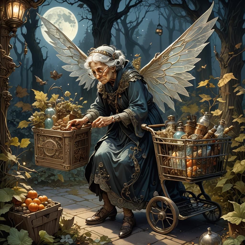 Old grandma fairy with drooping wings, pushing a shopping cart full of potions, clocks, thimble, acorns, ...  by @Annoniemoos