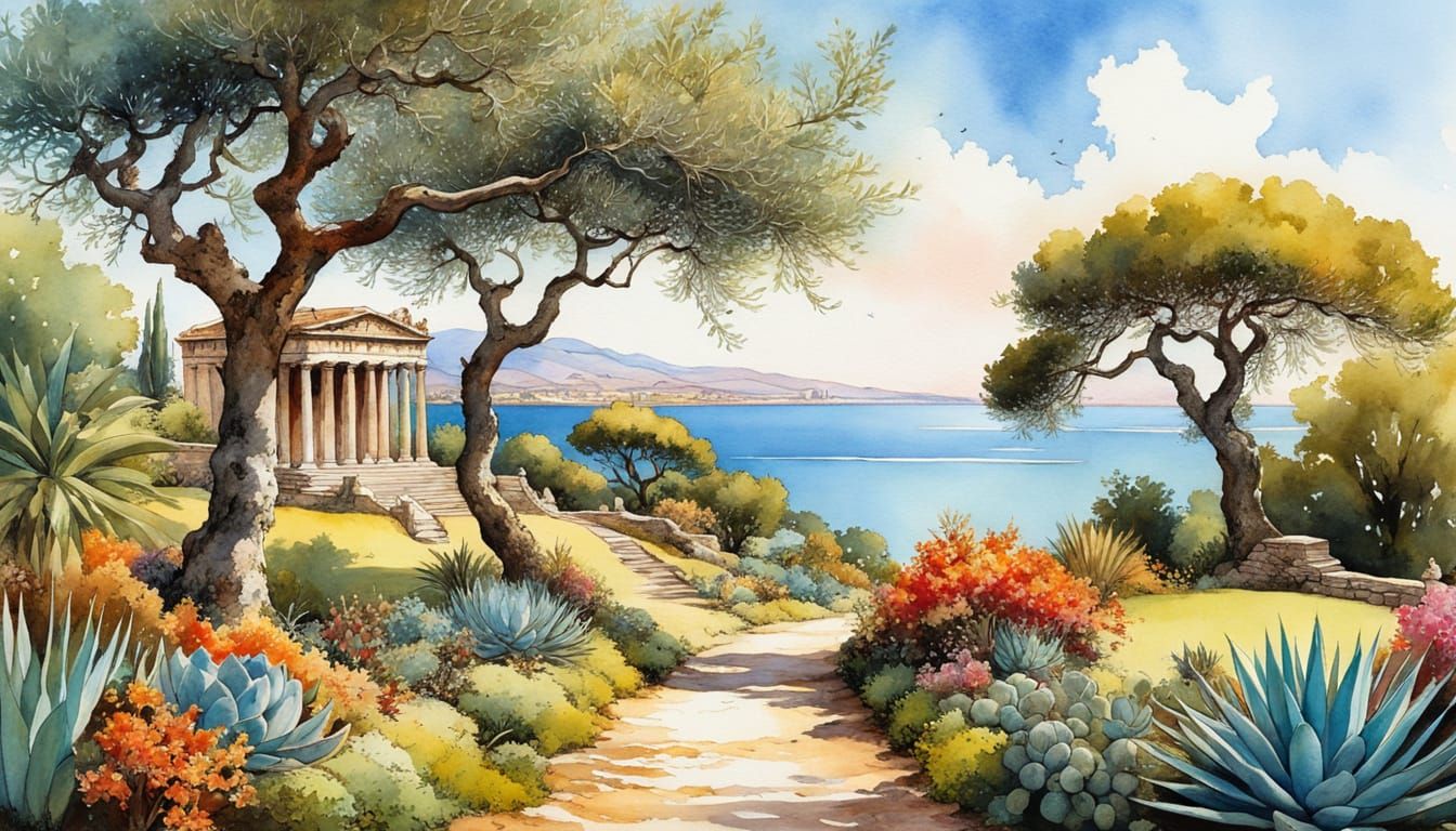 Idyllic Greek Park with Ancient Temple, Alcohol Ink Art