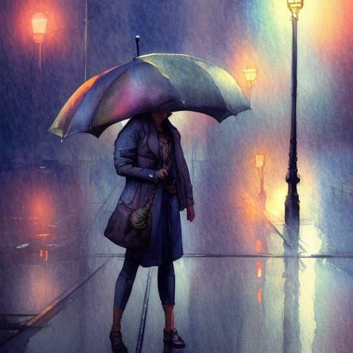 watercolor, street light, lady, rain, umbrella,