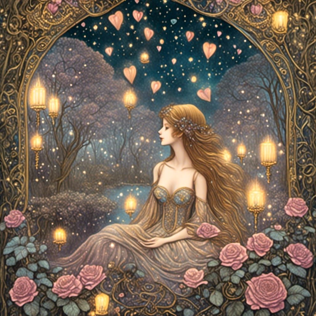 Romantic French Valentines  day themed Irish town Detailed 1800s storybook illustration <lora:1800 Storybook:1.0> with roses at a park on co...