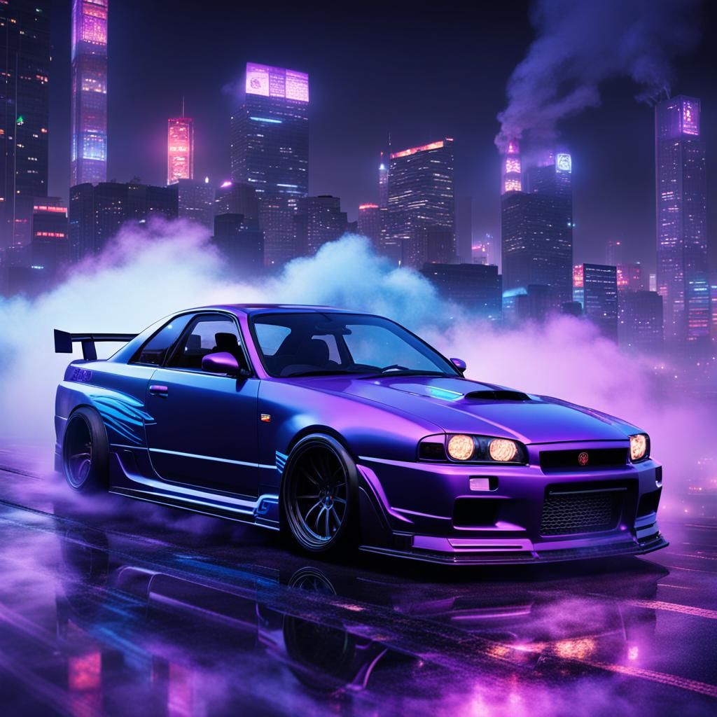 gtr skyline with purple and blue smoke coming out the tyres ...