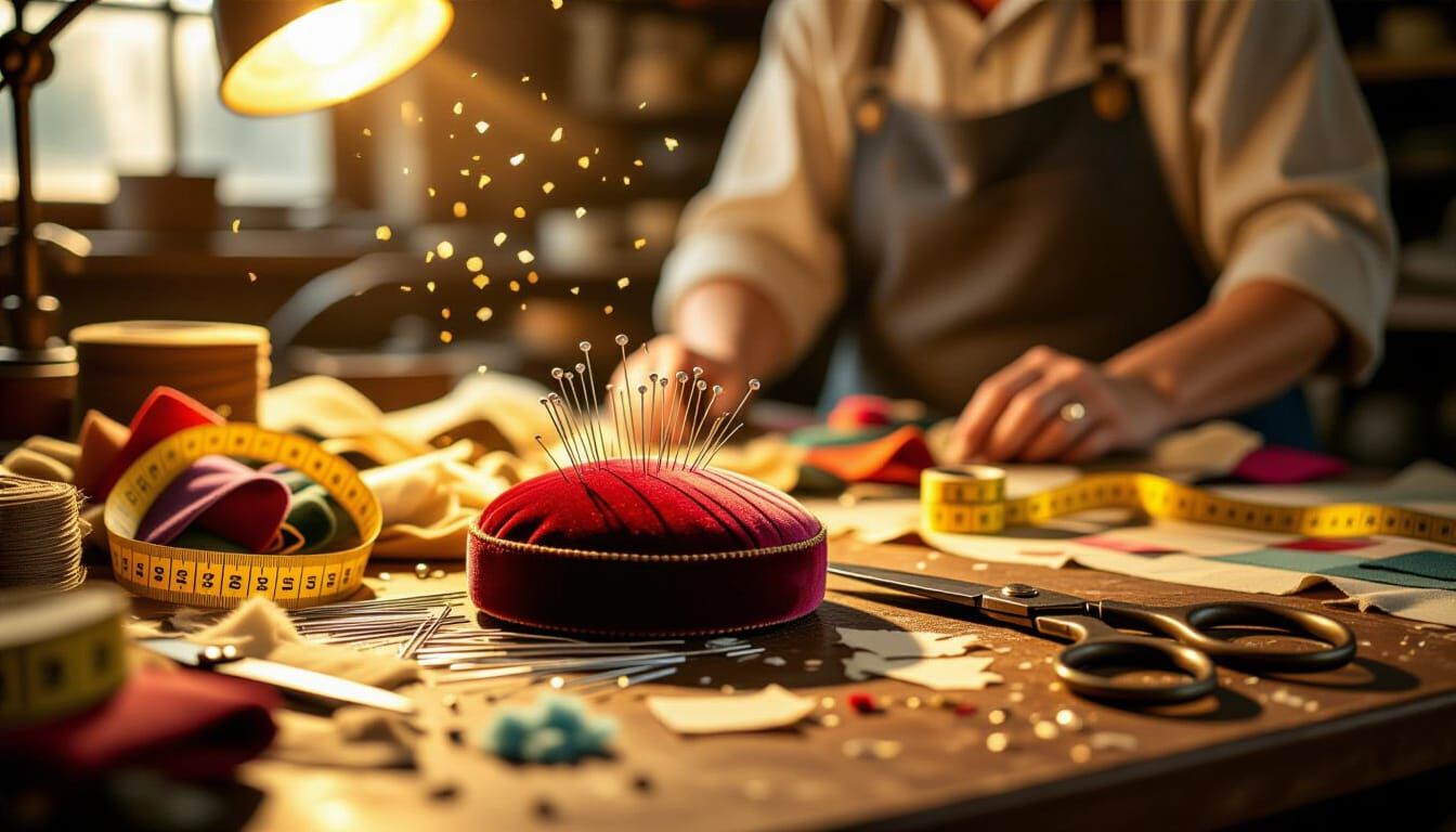 Close-up of a cluttered tailor’s workbench bathed in golden side lighting.   by @RocketCat