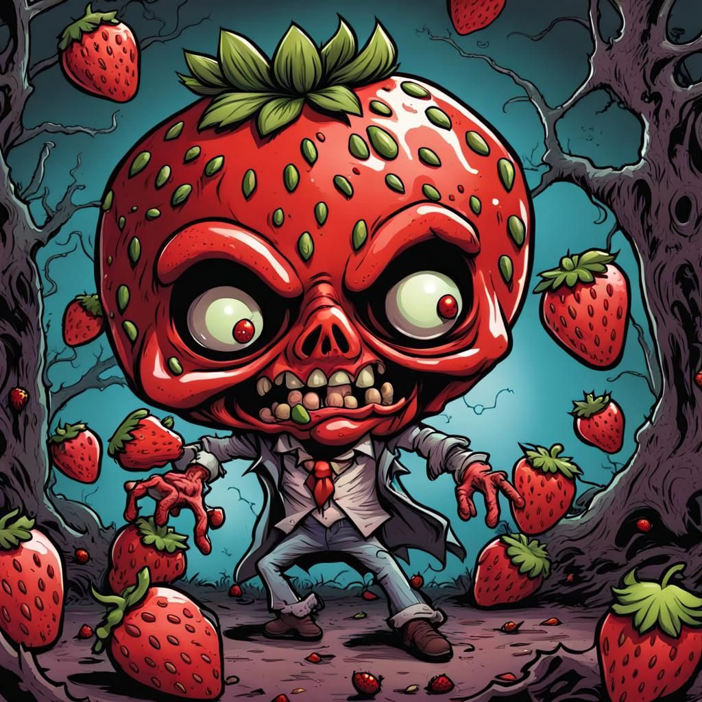 A Cartoon Strawberry Dressed as a Zombie. AI Generated Artwork