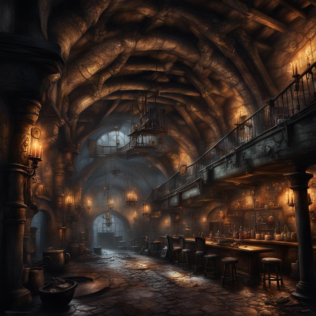 hidden tavern in the city sewers, thieves guild headquarters, dark fantasy, france, medieval, soot residue on the walls