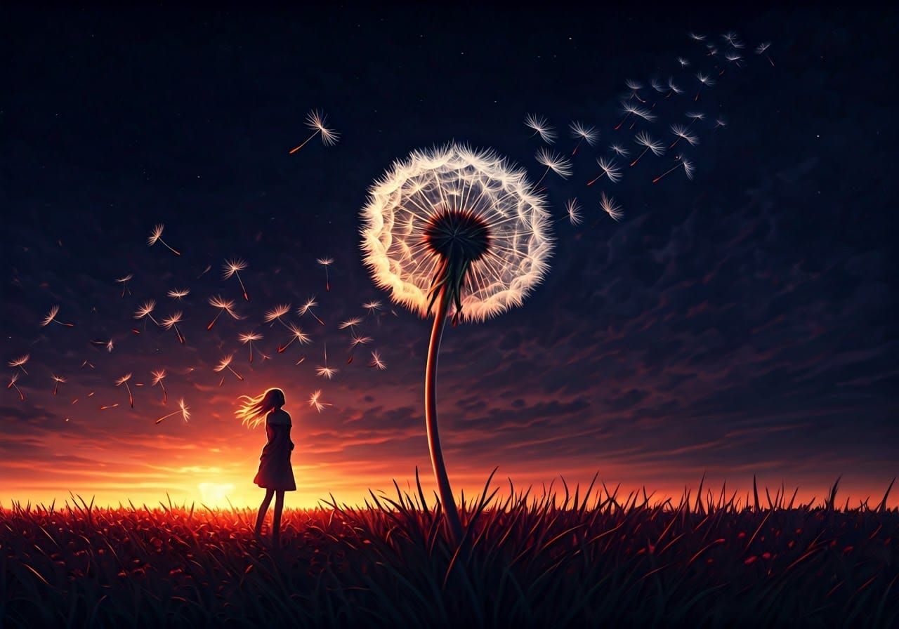 beautiful dandelion flower in the shape of a faceless tiny woman figure, dozens of different strands ...  by @Kindly Offer